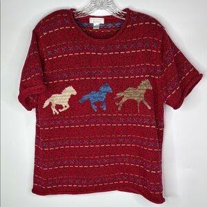 Christopher & Banks Red Short Sleeve Knit Horse Sweater Size XL